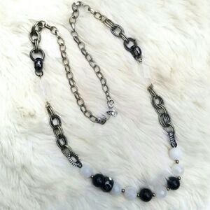 Loft long necklace, silver, beaded black with crystals